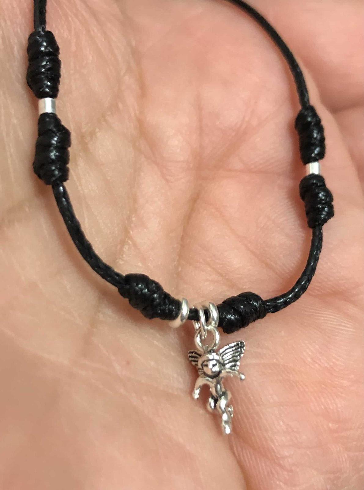 Collar Hilo negro, Ángel y detalles de plata 925